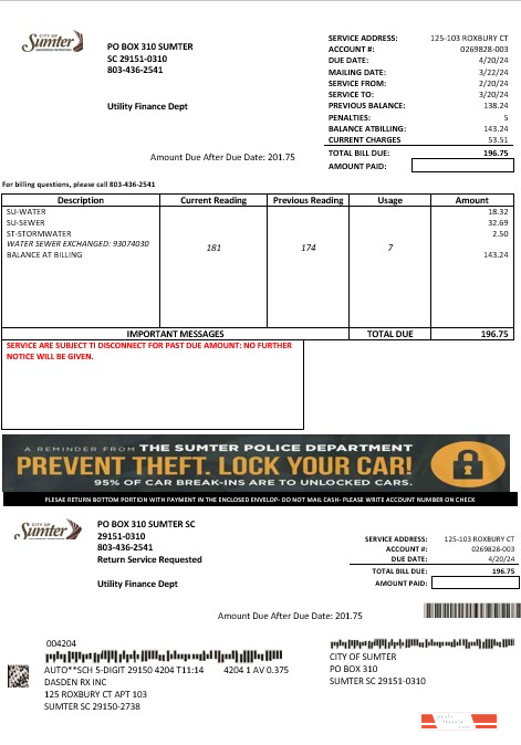 USA City of Sumter South Carolina water business utility bill template in Word and PDF formats